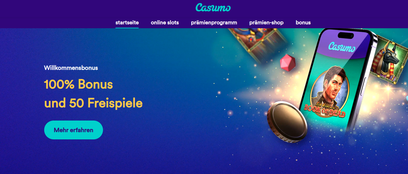 Casumo Casino Startseite mit Spielkacheln und Willkommensangebot