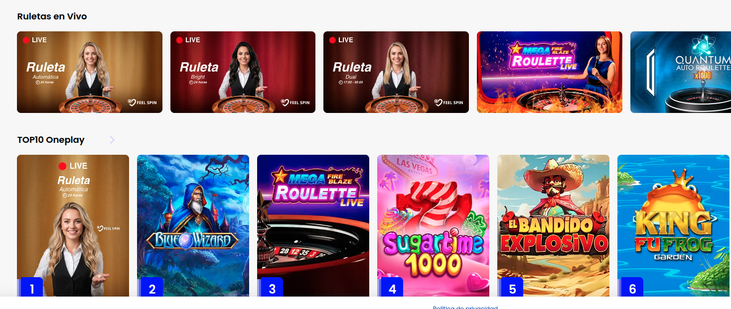 Lobby de juegos de One Play Casino