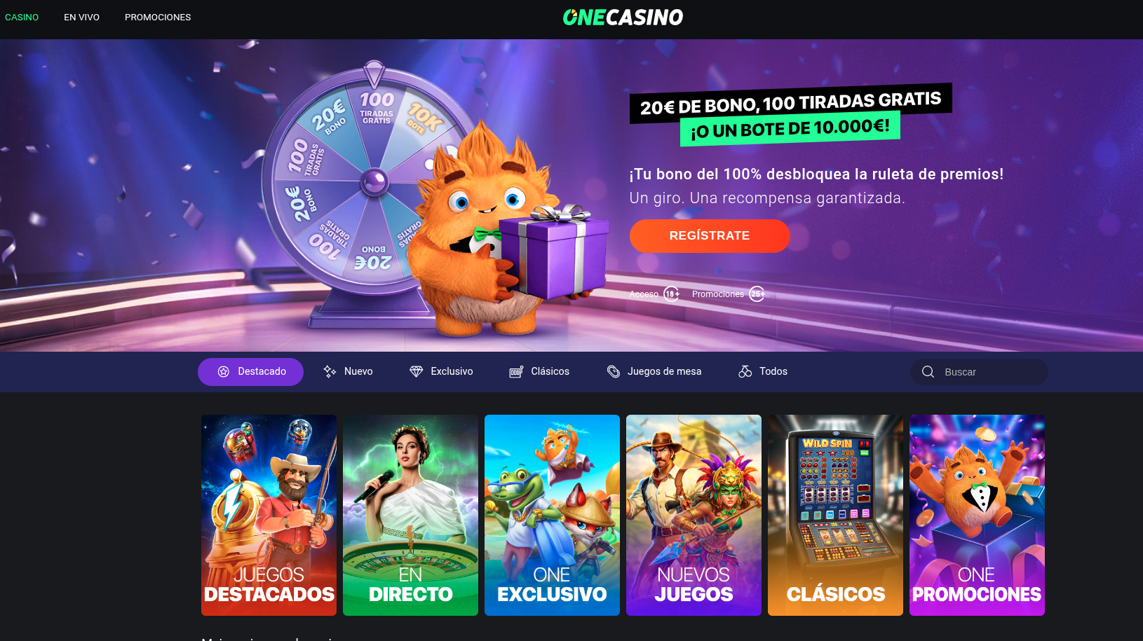 Página principal de One Casino con botón de registro